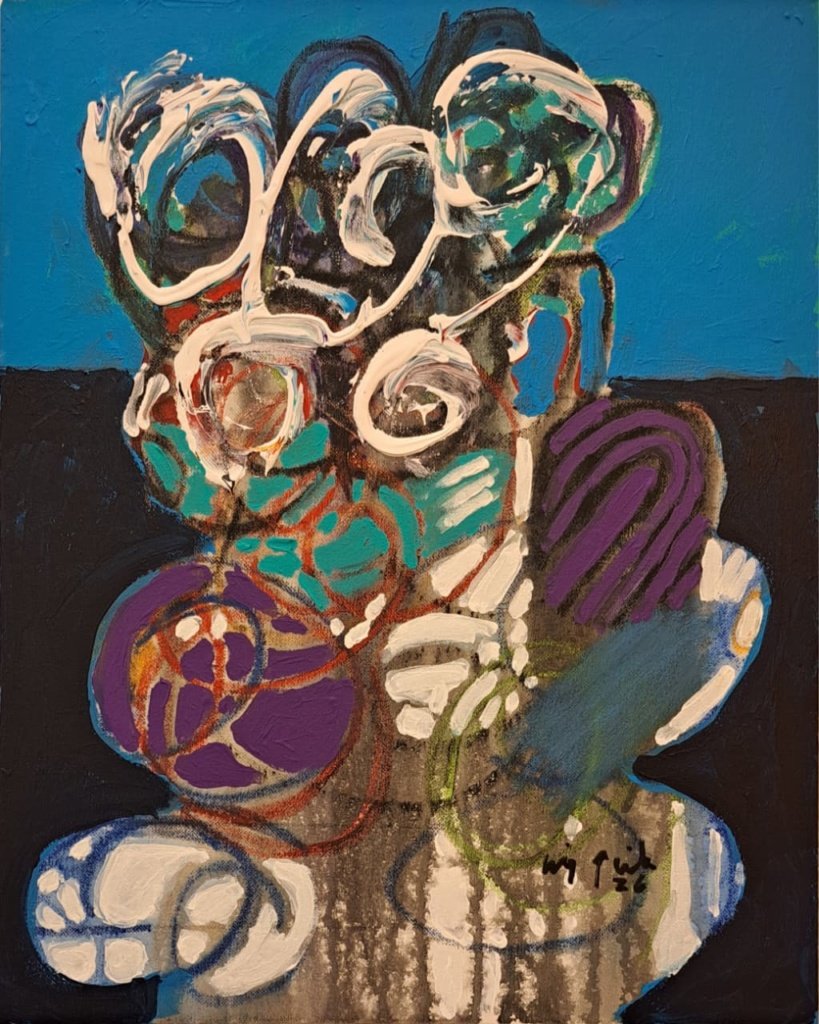50 x 40 cm. Luiz Aquila. A pintura e seus dois azuis, 2026. Acrílica e lápis de cor sobre tela
