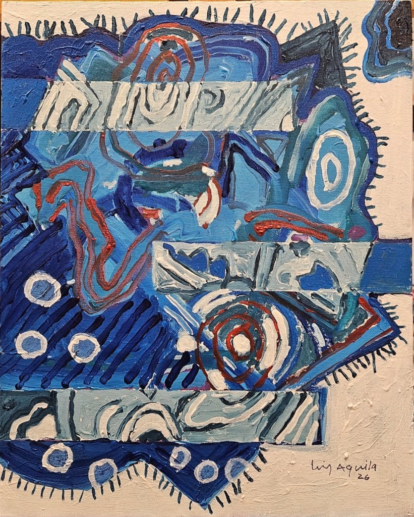 50 x 40 cm. Luiz Aquila. A pintura e a impregnação azul, 2026. Acrílica sobre tela