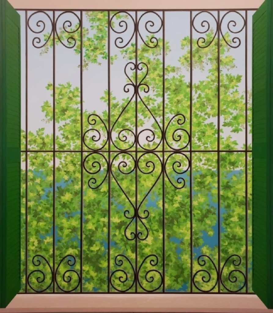 160 x 140 cm. Claudia Castro Barbosa. Verde atrás das grades 2, 2025. Acrílica sobre tela