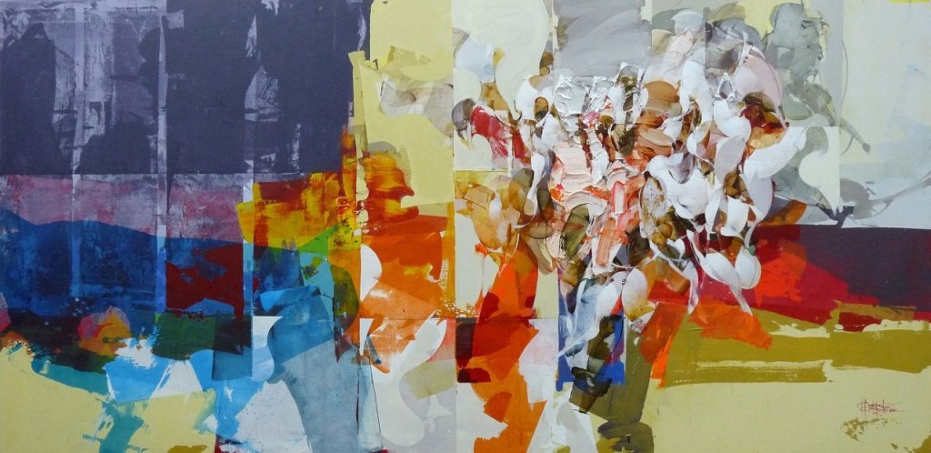 120 x 250 cm. Como bolero de ravel e as palavras dançantes escritas no papel..., 2023. Pigmentos, textura e acrílica sobre tela