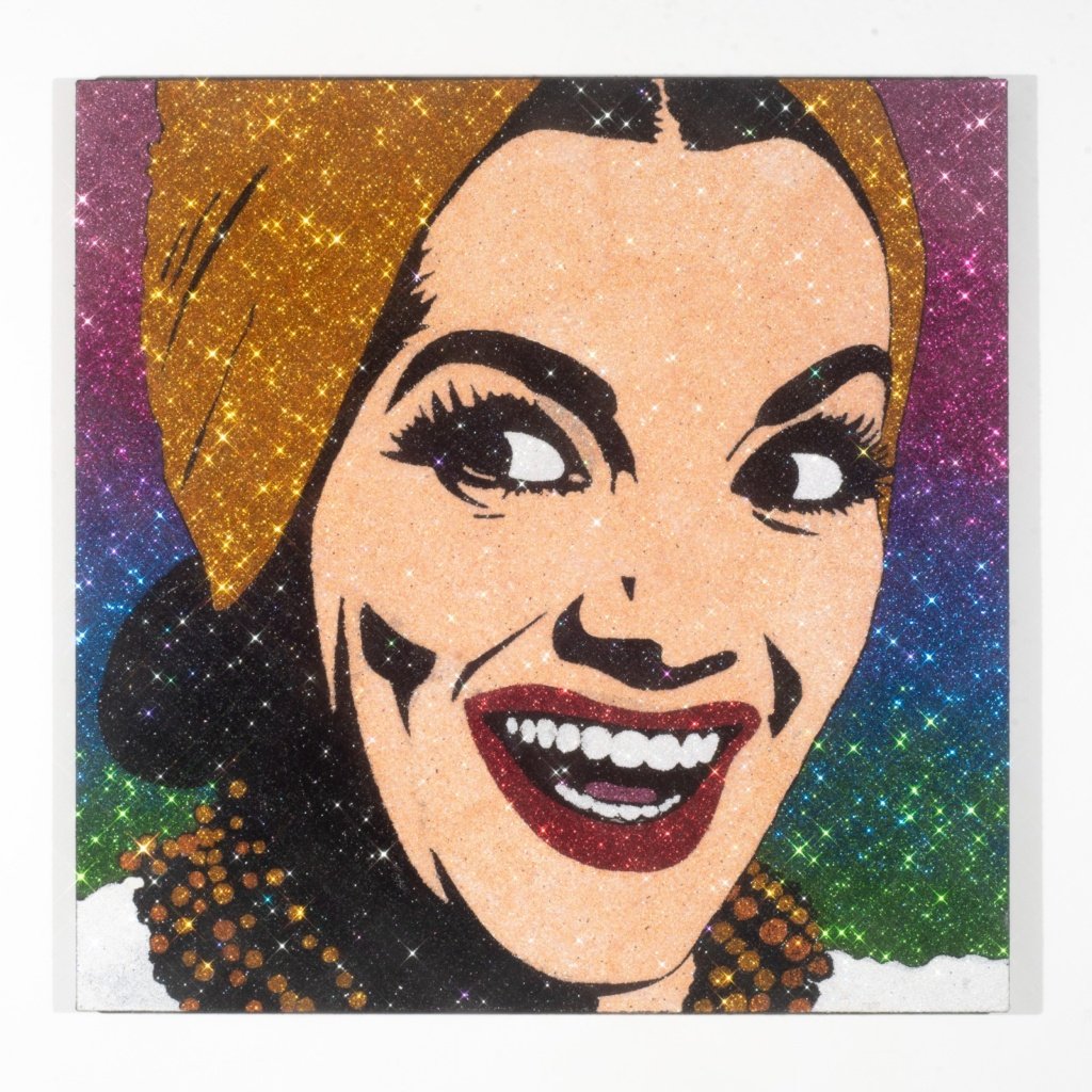 84 x 84 cm. Wilson Piran. Carmen Miranda, 2025. Série Estrelas. Purpurina sobre tela
