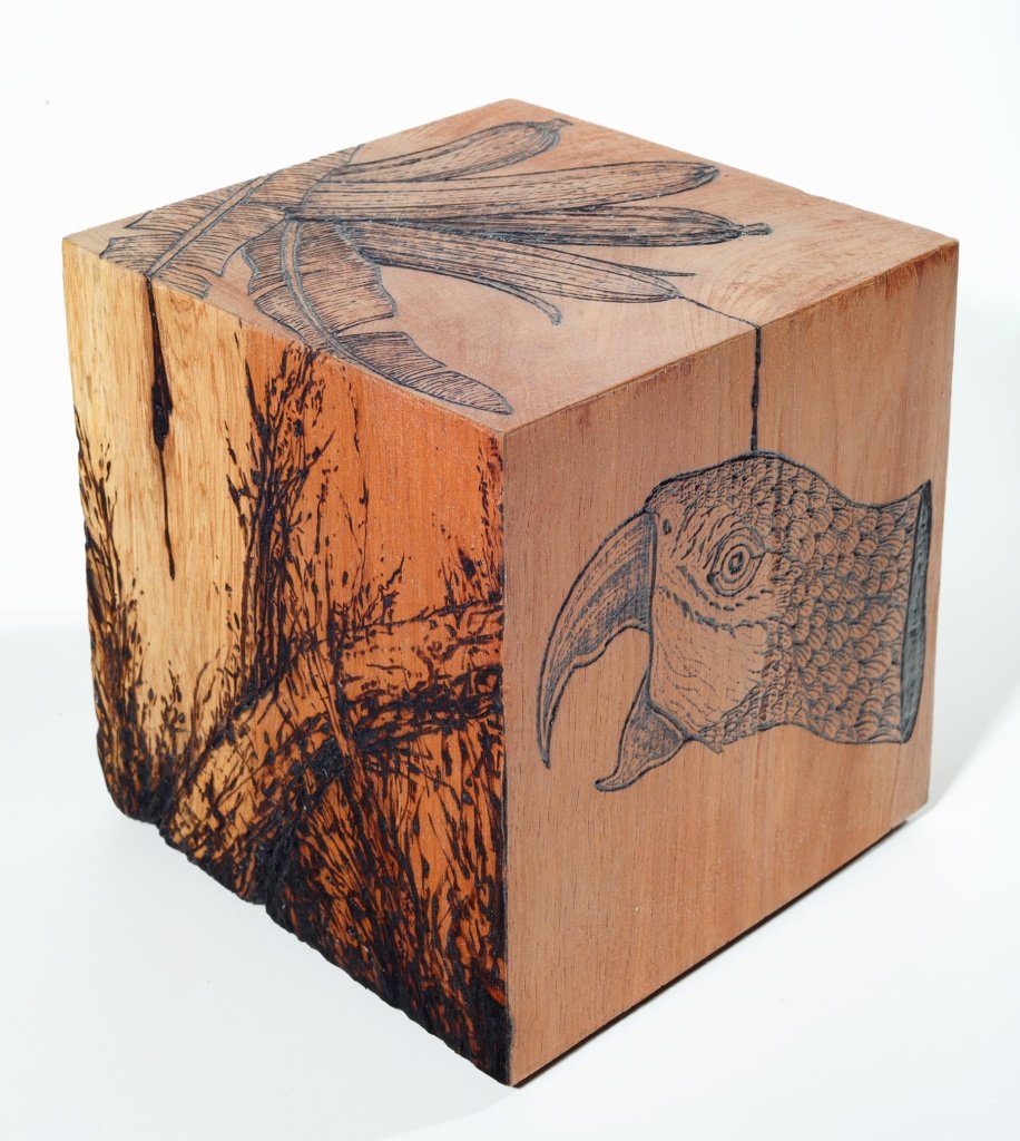 20 x 20 x 20 cm. Sergio Allevato República das Bananas. Série braZil. Cubo de madeira pirogravada. Foto por Jaime Acioli